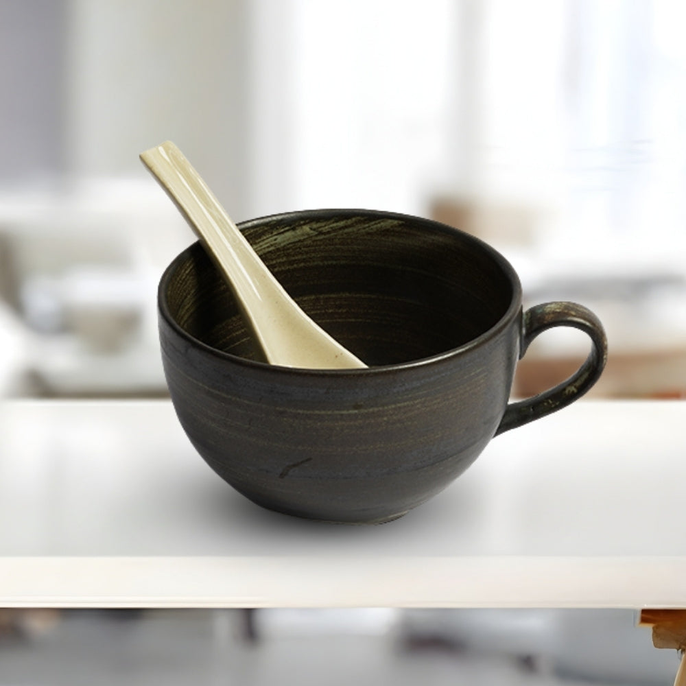 brown ceramic soup mug with spoon set of 6 for serving soup and hot beverages with durable glazed finish